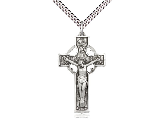 Sterling Silver Celtic Crucifix Pendant on a 24 inch Light Rhodium Heavy Curb Chain - Unique Catholic Gifts