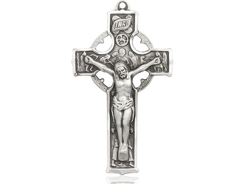 Sterling Silver Celtic Crucifix Pendant on a 24 inch Light Rhodium Heavy Curb Chain - Unique Catholic Gifts