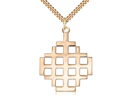 14kt Gold Filled Jerusalem Cross Pendant on a 24 inch Gold Plate Heavy Curb Chain - Unique Catholic Gifts