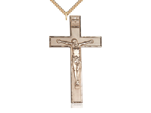 14kt Gold Filled Crucifix Pendant on a 24 inch Gold Plate Heavy Curb Chain - Unique Catholic Gifts