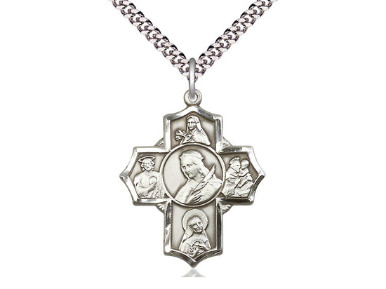 Sterling Silver Philomena Theresa Rita Antony Jude Pendant on a 24 inch Light Rhodium Heavy Curb Chain - Unique Catholic Gifts