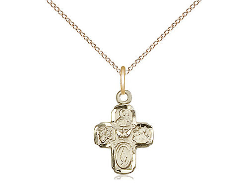 14kt Gold Filled 4-Way Pendant on a 18 inch Gold Filled Light Curb Chain - Unique Catholic Gifts