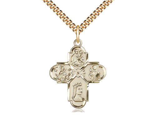 14kt Gold Filled Franciscan 4-Way Pendant on a 24 inch Gold Plate Heavy Curb Chain - Unique Catholic Gifts