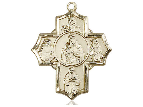 14kt Gold Filled Our Lady of Mount Carmel 4-Way Pendant on a 24 inch Gold Plate Heavy Curb Chain - Unique Catholic Gifts