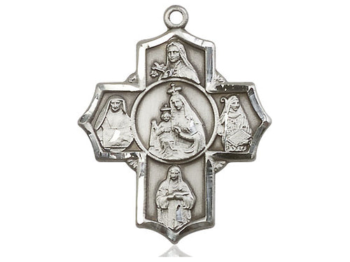 Sterling Silver Our Lady of Mount Carmel 4-Way Pendant on a 24 inch Light Rhodium Heavy Curb Chain - Unique Catholic Gifts