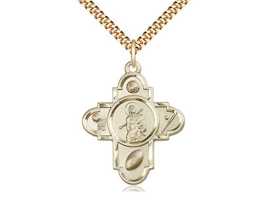 14kt Gold Filled Sports 5-Way St Sebastian Pendant on a 24 inch Gold Plate Heavy Curb Chain - Unique Catholic Gifts