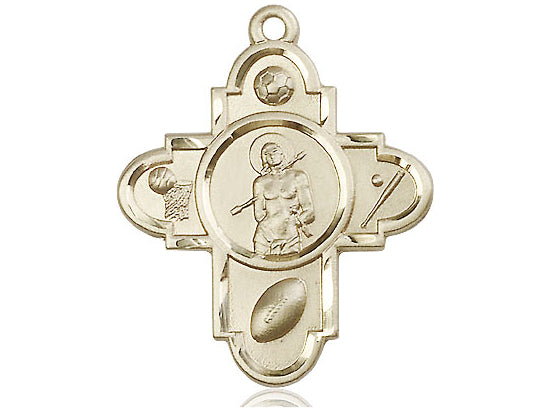 14kt Gold Filled Sports 5-Way St Sebastian Pendant on a 24 inch Gold Plate Heavy Curb Chain - Unique Catholic Gifts