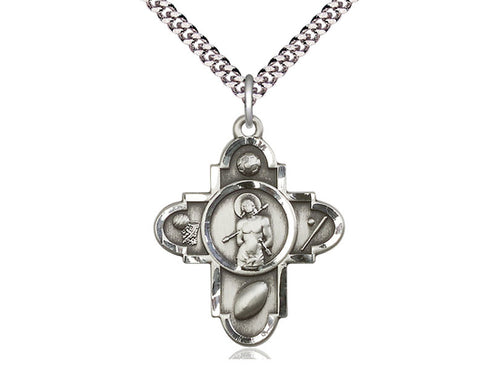 Sterling Silver Sports 5-Way St Sebastian Pendant on a 24 inch Light Rhodium Heavy Curb Chain - Unique Catholic Gifts