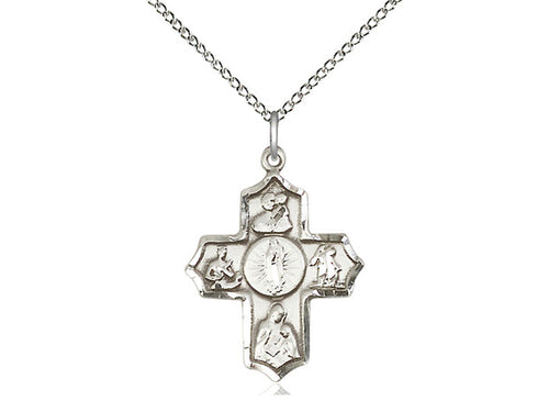 Sterling Silver 5-Way Our Lady of Guadalupe Pendant on a 18 inch Sterling Silver Light Curb Chain - Unique Catholic Gifts