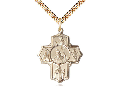 14kt Gold Filled Irish 5-Way Pendant on a 24 inch Gold Plate Heavy Curb Chain - Unique Catholic Gifts