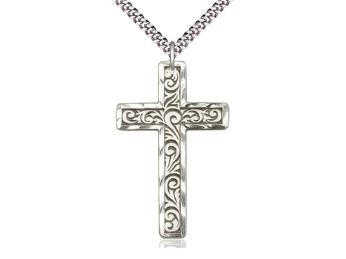 Sterling Silver Knurled Cross Pendant on a 24 inch Light Rhodium Heavy Curb Chain - Unique Catholic Gifts