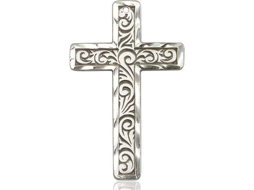 Sterling Silver Knurled Cross Pendant on a 24 inch Light Rhodium Heavy Curb Chain - Unique Catholic Gifts