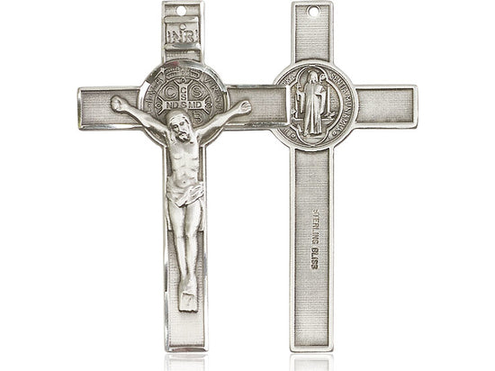 Sterling Silver St Benedict Crucifix Pendant on a 24 inch Light Rhodium Heavy Curb Chain. - Unique Catholic Gifts