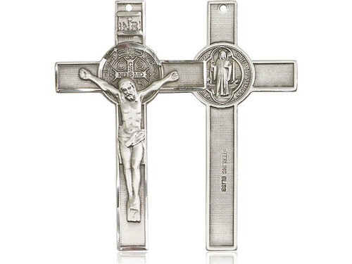 Sterling Silver St Benedict Crucifix Pendant on a 24 inch Light Rhodium Heavy Curb Chain. - Unique Catholic Gifts