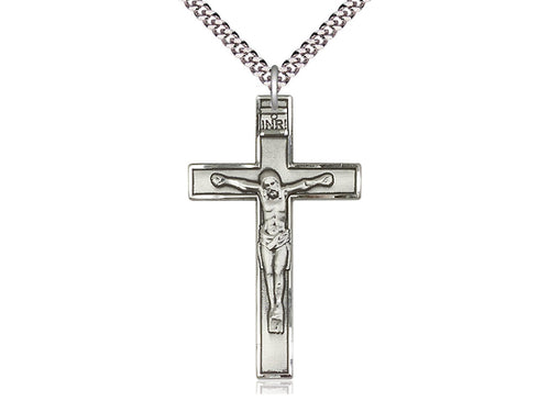 sterling Silver Crucifix Pendant on a 24 inch Light Rhodium Heavy Curb Chain - Unique Catholic Gifts