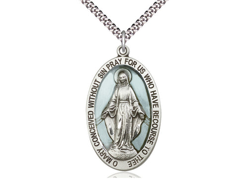 Sterling Silver Miraculous Pendant on a 24 inch Light Rhodium Heavy Curb Chain - Unique Catholic Gifts