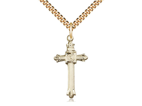 14kt Gold Filled Cross Pendant on a 24 inch Gold Plate Heavy Curb Chain - Unique Catholic Gifts