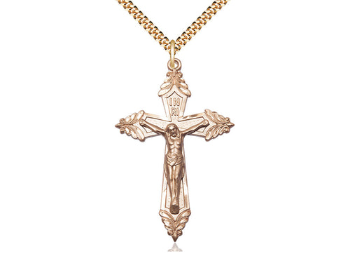 14kt Gold Filled Crucifix Pendant on a 24 inch Gold Plate Heavy Curb Chain - Unique Catholic Gifts