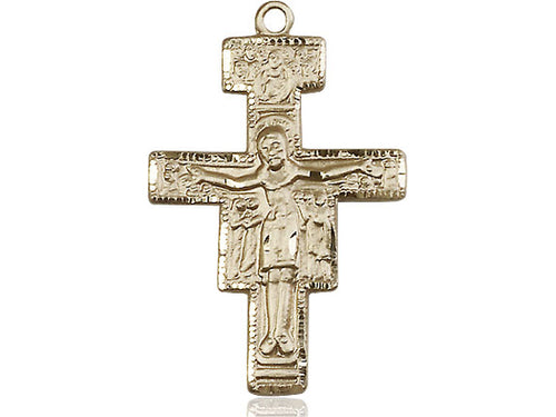 14kt Gold Filled San Damiano Crucifix Pendant on a 18 inch Gold Filled Light Curb Chain - Unique Catholic Gifts