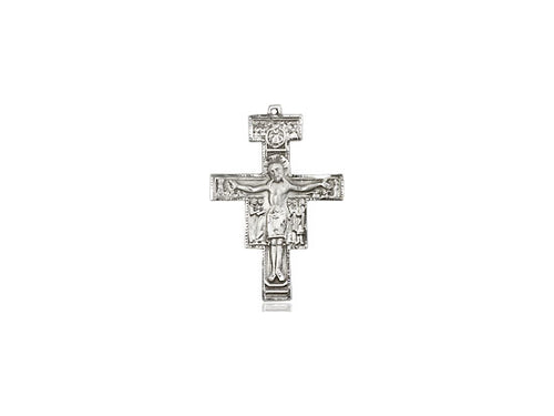 Sterling Silver San Damiano Crucifix Pendant on a 18 inch Sterling Silver Light Curb Chain - Unique Catholic Gifts