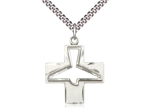 Sterling Silver Holy Spirit Pendant on a 24 inch Light Rhodium Heavy Curb Chain - Unique Catholic Gifts