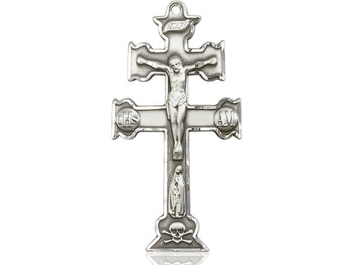 Sterling Silver Caravaca Crucifix Pendant on a 24 inch Light Rhodium Heavy Curb Chain - Unique Catholic Gifts