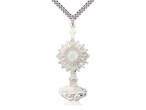 Sterling Silver Monstrance Pendant on a 24 inch Light Rhodium Heavy Curb Chain - Unique Catholic Gifts