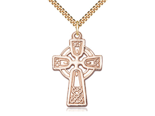 14kt Gold Filled Celtic Cross Pendant on a 24 inch Gold Plate Heavy Curb Chain - Unique Catholic Gifts