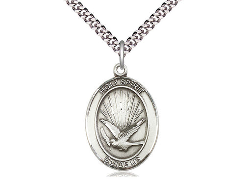 Sterling Silver Holy Spirit Pendant on a 24 inch Light Rhodium Heavy Curb Chain - Unique Catholic Gifts