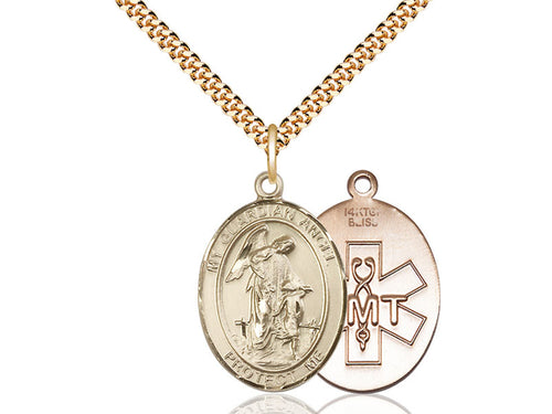 14kt Gold Filled Guardian Angel EMT Pendant on a 24 inch Gold Plate Heavy Curb Chain - Unique Catholic Gifts
