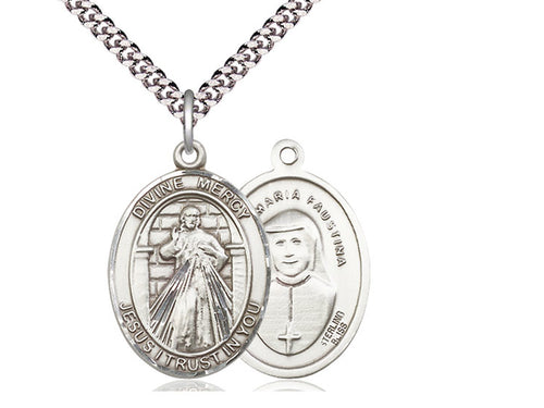 Sterling Silver Divine Mercy Pendant on a 24 inch Light Rhodium Heavy Curb Chain. - Unique Catholic Gifts
