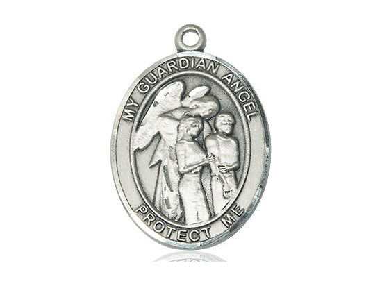 Sterling Silver Guardian Angel w/Children Pendant on a 24 inch Light Rhodium Heavy Curb Chain - Unique Catholic Gifts