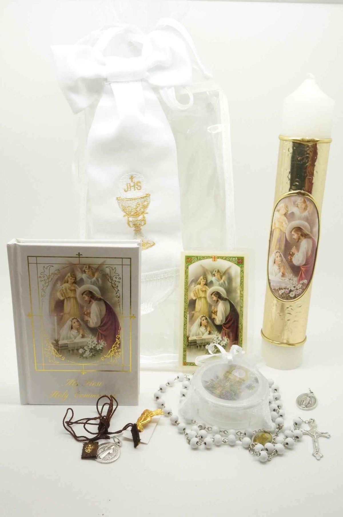 Girls First Communion Gift Set:Arm Band,Golden Candle and 8 other items