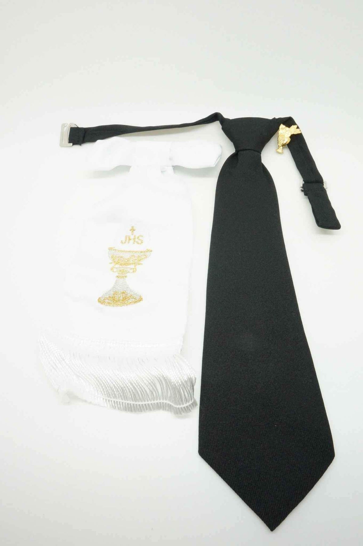 Boy's First Communion Set: White Arm Band, Pin and Black Tie