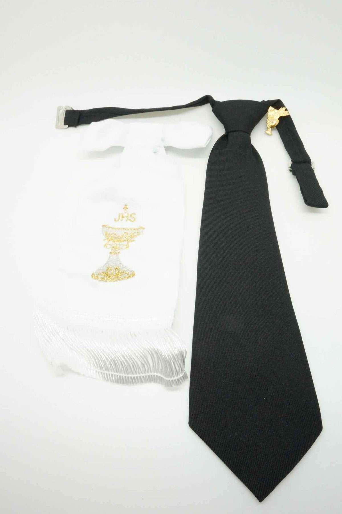 Boy's First Communion Set: White Arm Band, Pin and Black Tie
