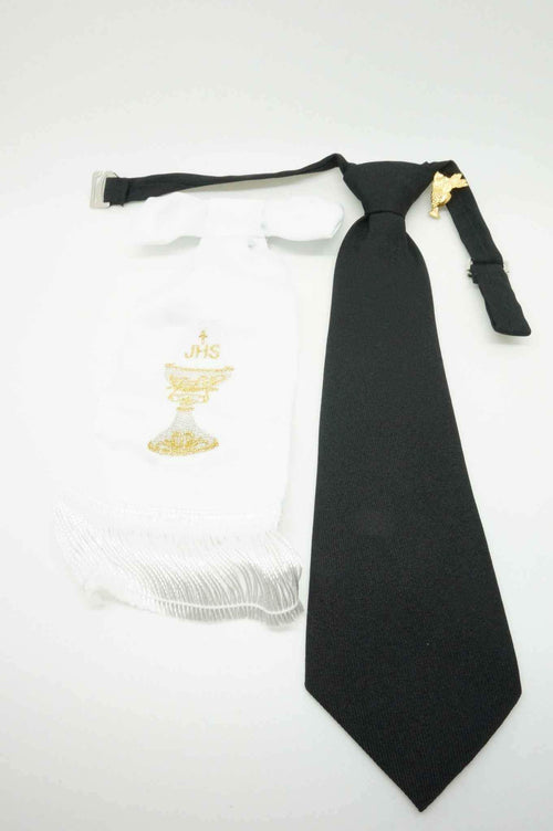 Boy's First Communion Set: White Arm Band, Pin and Black Tie