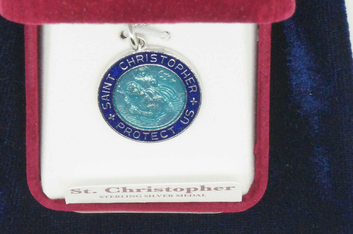 Blue Enamel over Sterling Silver Saint Christopher Round Medal with 18" chain and box