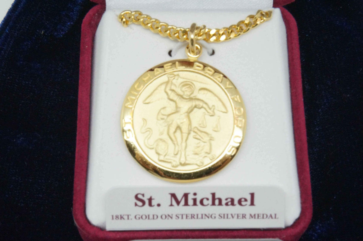 Gold Saint Michael Medal 1" with 24" Chain and box