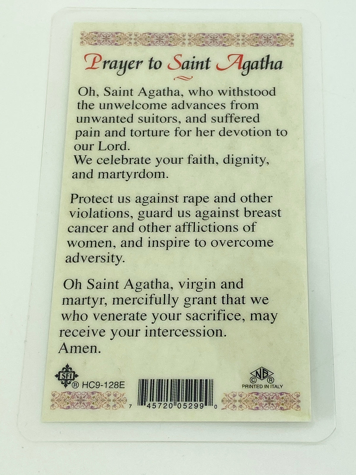 St. Agatha Laminated Holy Card (Plastic Covered) - Unique Catholic Gifts