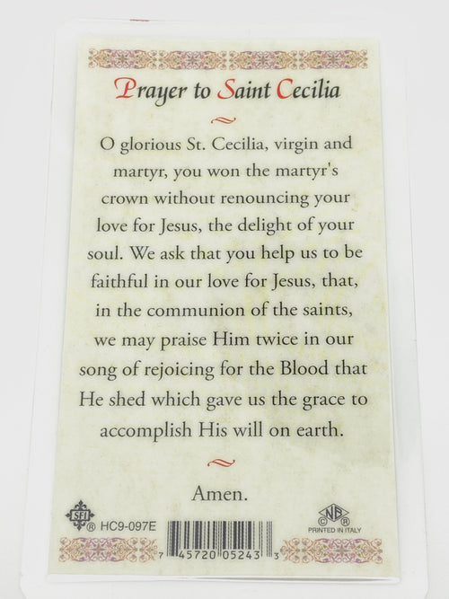 St. Cecilia Laminated Holy Card (Plastic Covered) - Unique Catholic Gifts