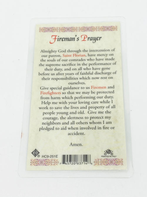 St. Florian Fireman's Prayer Laminated Holy Card (Plastic Covered) - Unique Catholic Gifts