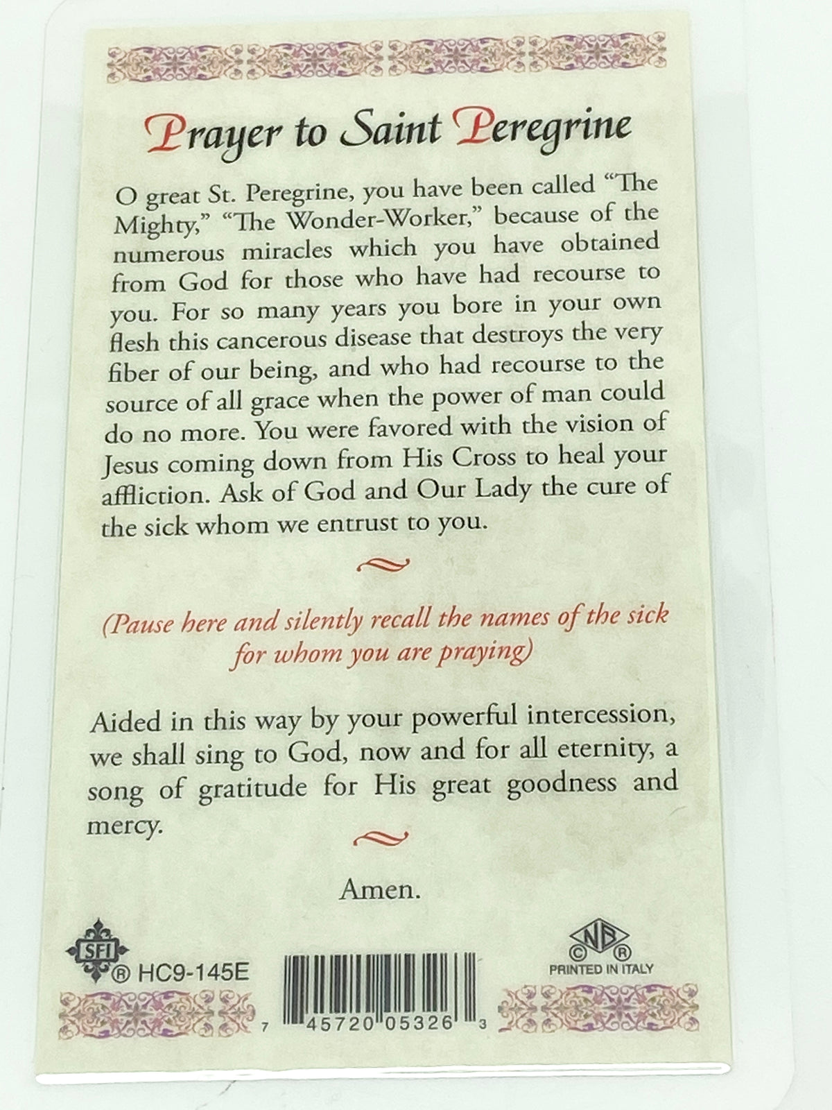 St. Peregrine Laminated Holy Card - Unique Catholic Gifts