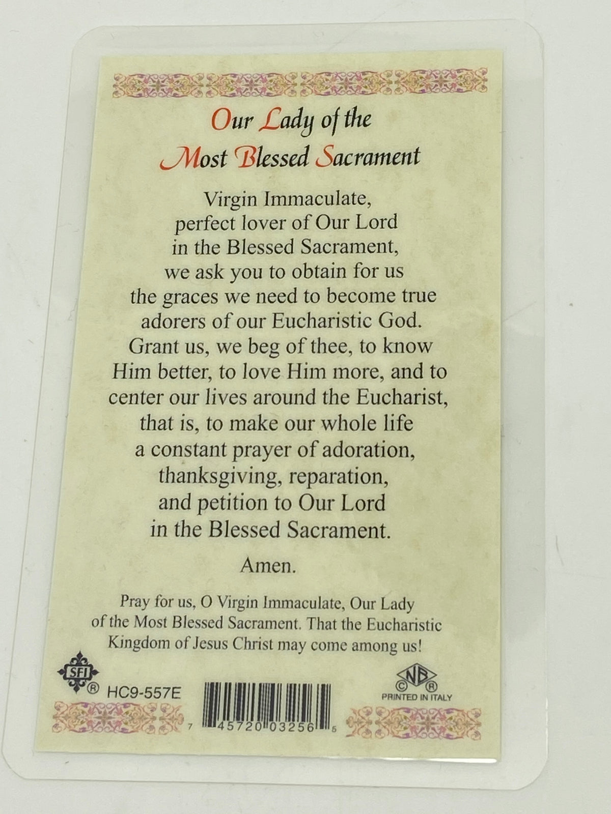 Our Lady of the Most Blessed Sacrament Laminated Holy Card (Plastic Covered) - Unique Catholic Gifts