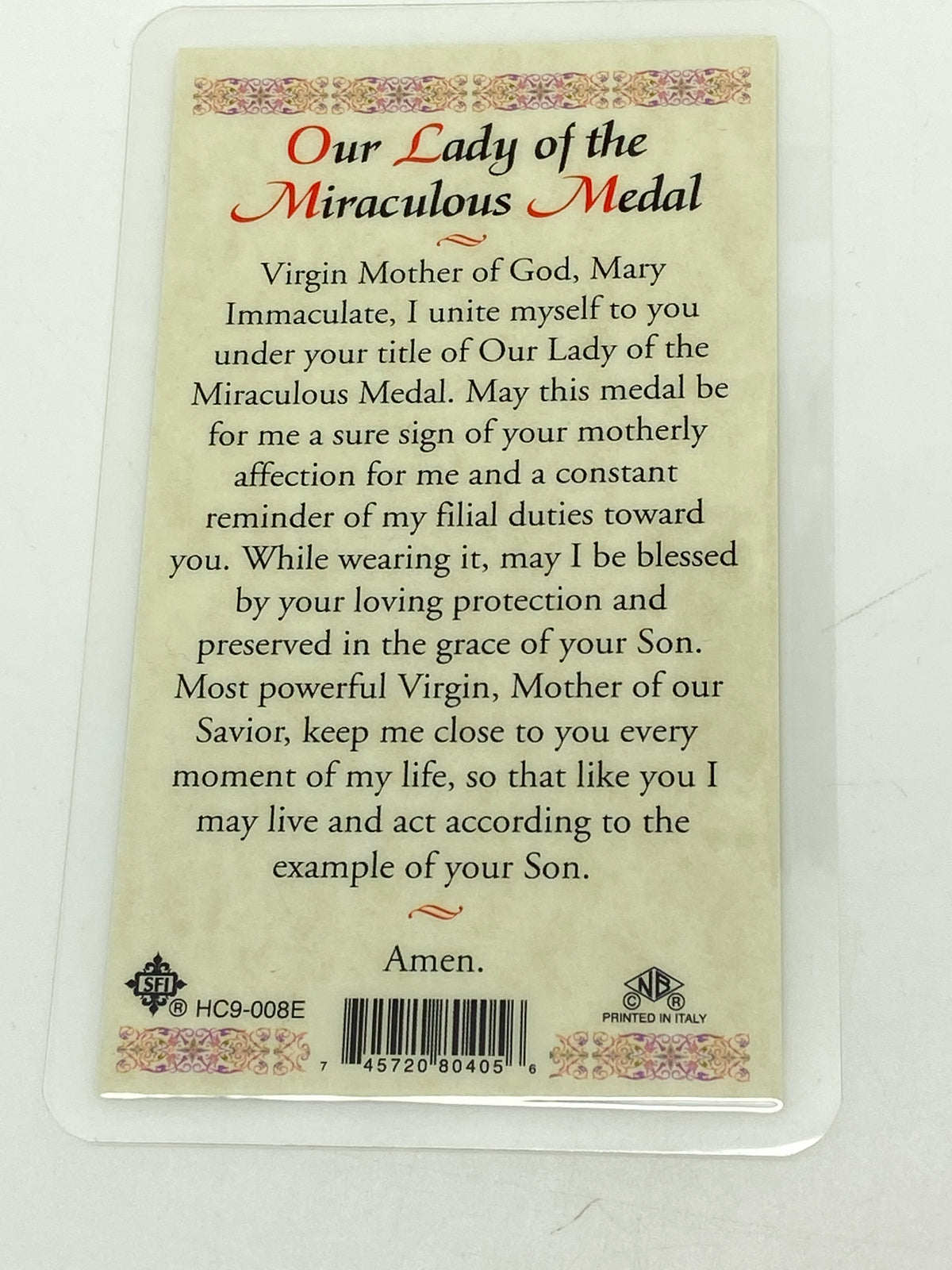 Our Lady of the Miraculous Medal Laminated Holy Card (Plastic Covered) - Unique Catholic Gifts