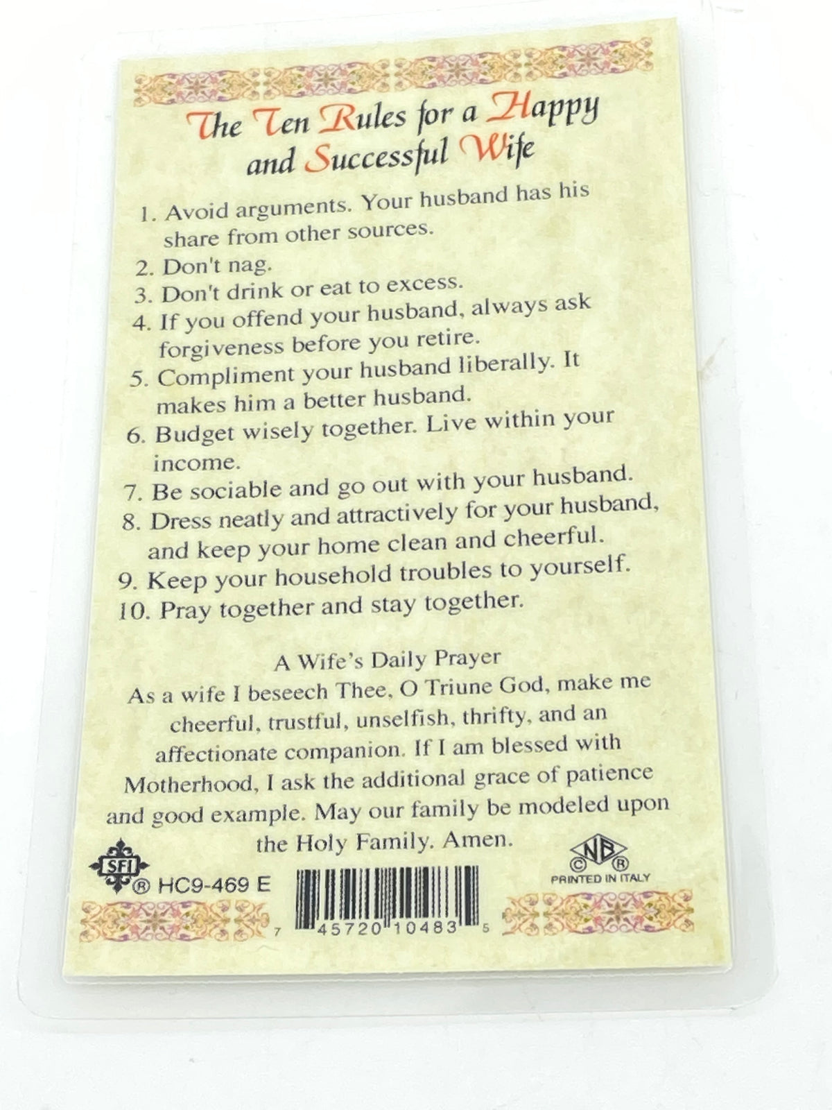 Ten Rules of a Happy and Successful Wife Laminated Holy Card (Plastic Covered) - Unique Catholic Gifts