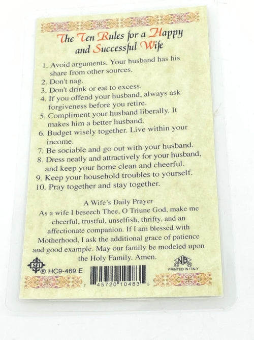 Ten Rules of a Happy and Successful Wife Laminated Holy Card (Plastic Covered) - Unique Catholic Gifts