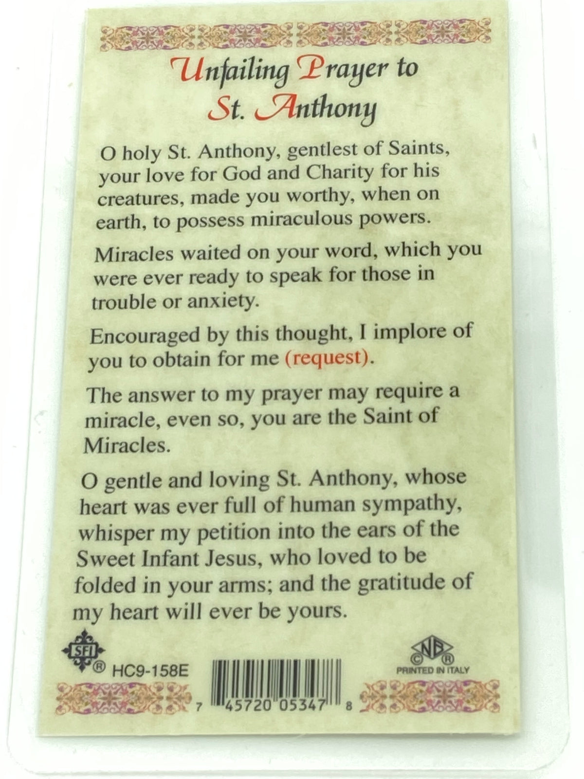 St. Anthony Unfailing Prayer Laminated Holy Card (Plastic Covered) - Unique Catholic Gifts