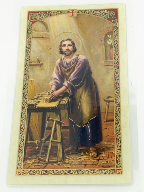 Trabajadores a San Jose Tarjeta Sagrada laminada (Cubierta de Plástico) - Unique Catholic Gifts