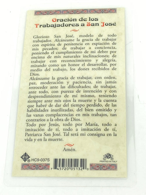 Trabajadores a San Jose Tarjeta Sagrada laminada (Cubierta de Plástico) - Unique Catholic Gifts