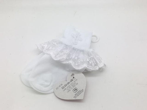 Girl's Baptismal Socks with Lace Trim and Cross (Size 6-8) - Unique Catholic Gifts